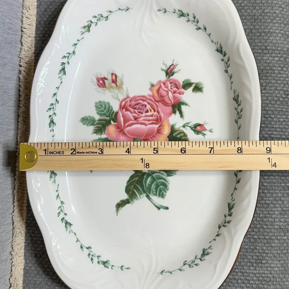 Gibson Floral Pink Victorian Rose China Oval Serving Platter Scallop Cottagecore